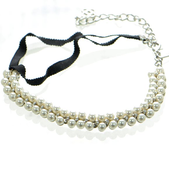 Oscar de La Renta Black Ribbon Faux Pearl & Crystal Choker...